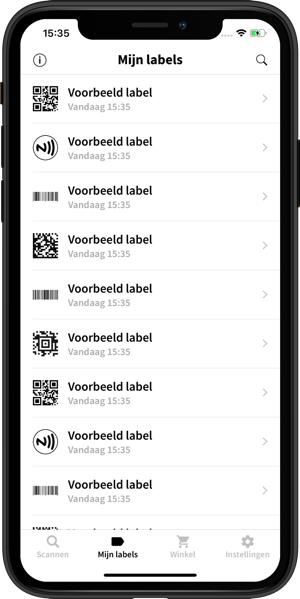 Afbeelding van de Spraaklabel app waarbij de Mijn labels tab is geopend.